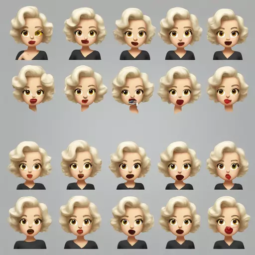 Draw me a Marilyn Monroe emoji collection, 3d emoji style version, classic poses, such as pouting, skirt flying up. emoji