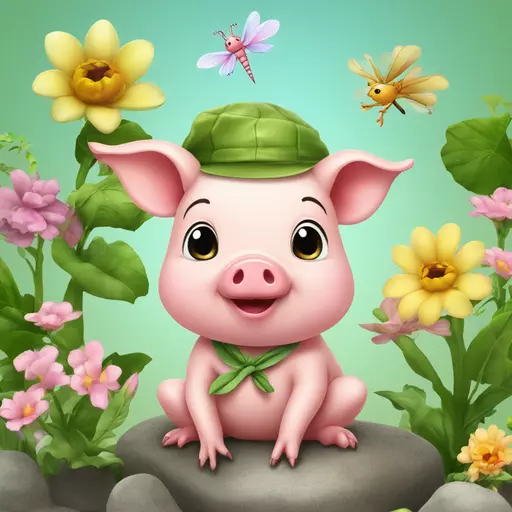 Cute cartoon baby pig with flower hat planting flowers in garden dragonfly flying and frog sitting on rock emoji