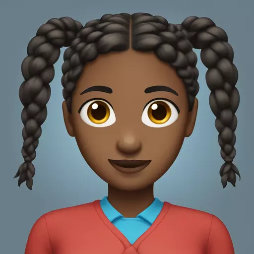 Young woman with dark skin, black hair, hair braided into two plaits, blue eyes, red shirt emoji