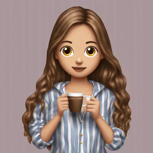 do a girl with long brown hair in a victoria secret striped pyjamas and the girl is holding coffe  emoji