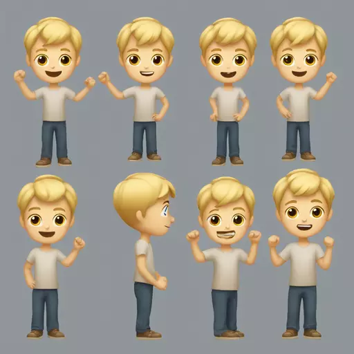 make a blonde boy with very short hair who has his arms up with his hands flat facing upwards, and in his left hand he has a 6 and in his right hand he has a 7 emoji