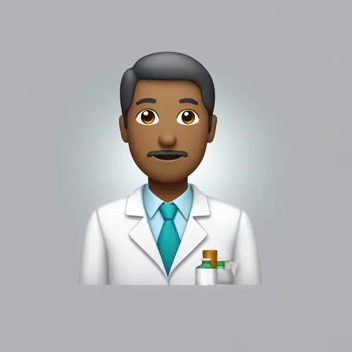  flat, minimal-style icon of a pharmacist. The pharmacist is shown in the upper half of the body, wearing a white lab coat, holding a pill bottle or a prescription paper. The figure is faceless, with simple colors and clean outlines, inside a square border. Below it, place a medicine bottle icon with a cross symbol on it. emoji