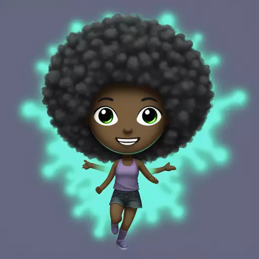 A kawaii female glow-in-the-dark stickfigure rave dancer with fluffy Afro hair. emoji