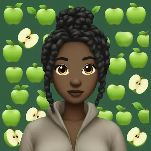 Apple emoji, Black hair thick locs, dark skin girl, clean girl aesthetic, apple emoji style, with lashes, clean girl aesthetic drinking rich matcha emoji