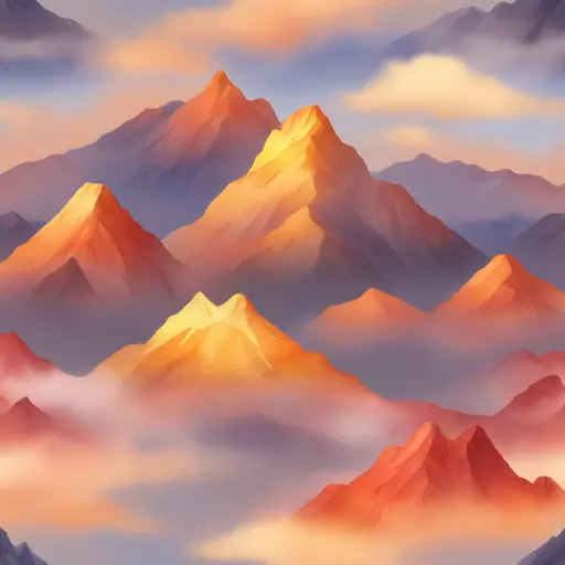 A small, 128x128 pixel, transparent background watercolor-style mountain with soft fall colors (orange, yellow, red), radiant iridescent sunlight behind, minimalistic and cute, designed for emoji use, high detail at small size, square aspect ratio emoji