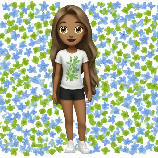 do a girl with long brown hair in a top with a little blue flowers and the girl has black shorts and a white shoes and she is holding a matcha emoji