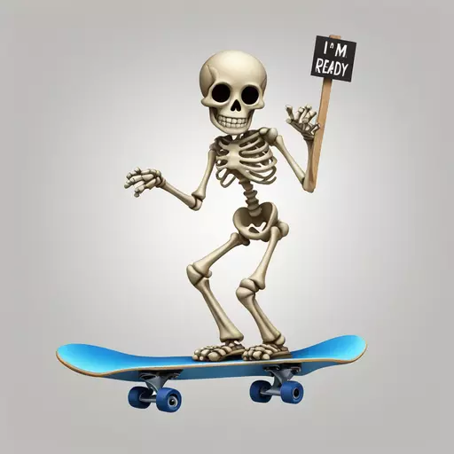 Skeleton skateboarding holding a sign that says I’m ready emoji