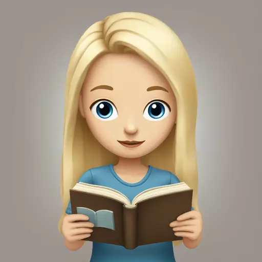 European girl with big blue eyes, blond hair with a book in her hands, reading emoji