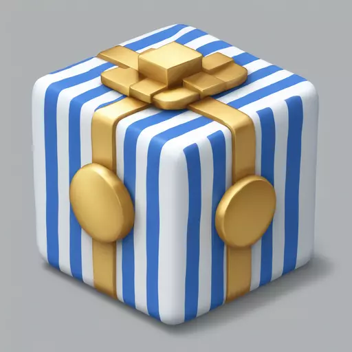 a blue and white striped cube with a golden shiny dome ontop of it, A compact, boxy building (like a tall cube or slightly wider base) viewed from a three-quarter or front-slightly-angled perspective to show depth simply. emoji