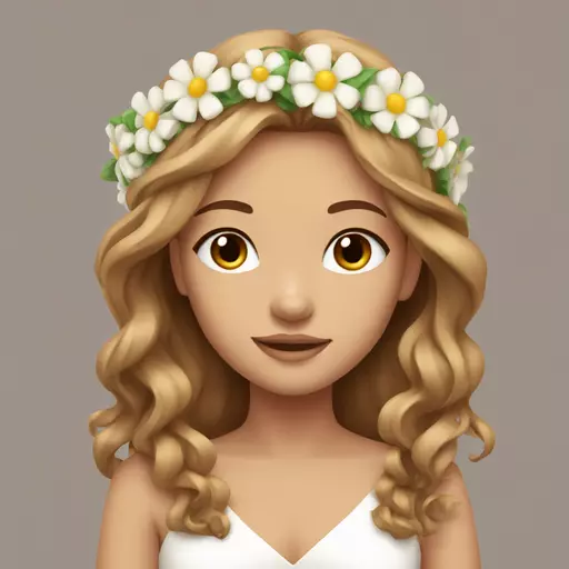 a beautiful girl with long light brown hair wearing a flower crown and a white dress emoji