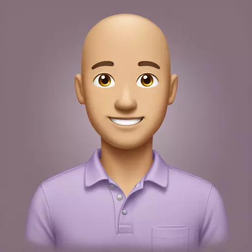 Asian man, smiling, heart shaped face, light tan skin, wearing light purple polo, almost bald  emoji