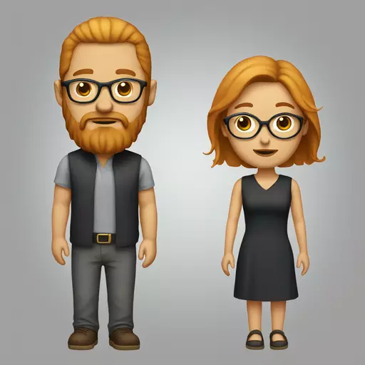A couple, she has red long hair, he has no hair but a dark blond beard and round glasses. emoji