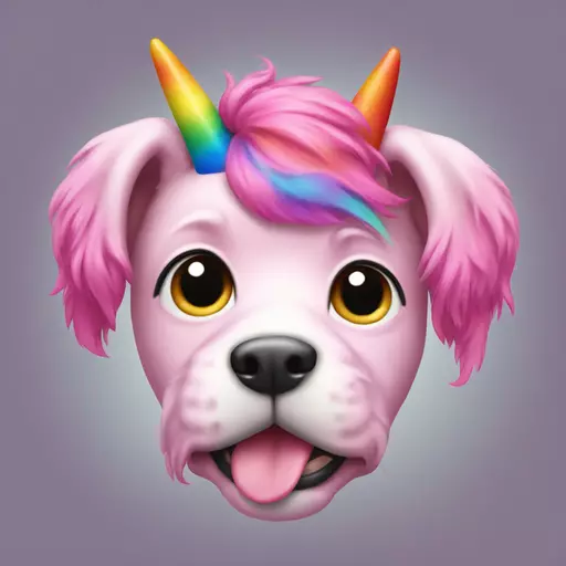 a pink dog with rainbow unicorn hair & horn emoji