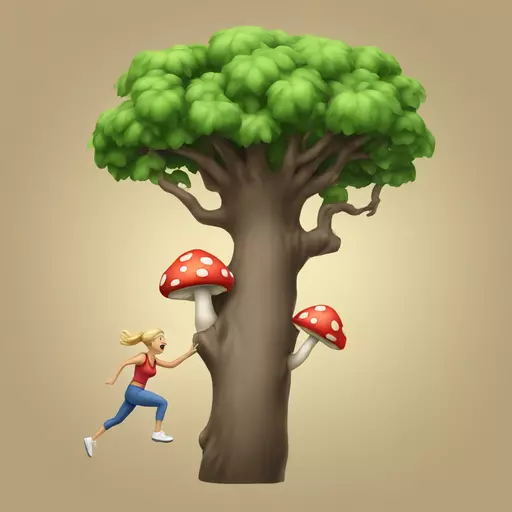 woman running up tree to grab mushroom emoji