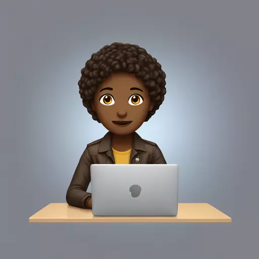 Dark brown hair, brown skin, sitting in front of a laptop. emoji