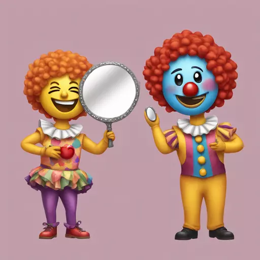 Emoji laughs and holds a mirror in hand, while a clown cries in the performance emoji