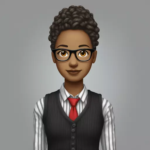A girl with her hair pulled back, curly strands in front, black glasses with transparent frames, striped gray and white shirt, black knitted vest, red tie emoji