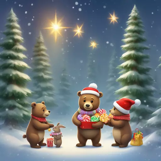 A whimsical, snowy forest scene depicts a friendly kind brown bear wearing a red winter hat, offering a bag of colorful candies to two adorable joyful baby hares. Behind them, a majestic fir tree is adorned with twinkling lights and festive ornaments, topped with a shining star. The atmosphere is magical and heartwarming, with soft, falling snow and a gentle, ethereal light illuminating the winter wonderland. The style is 3d oil painting figurine, reminiscent of a classic storybook illustration, with rich textures and a soft, painterly quality. emoji