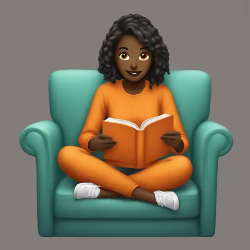 A girl sitting on a couch and reading a orange book which written "Wattpad" on the cover, iPhone emoji style emoji