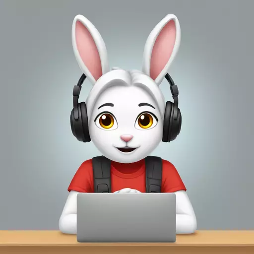 white girl bunny wearing red black flanes shirt and grey headphones in front of computer webcamera emoji