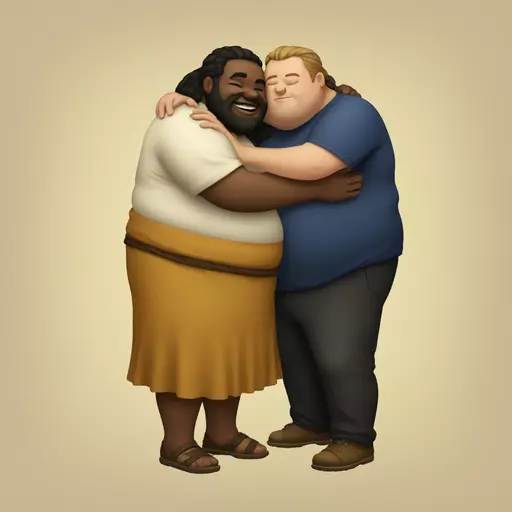 A pagan and a fat American hugging  emoji
