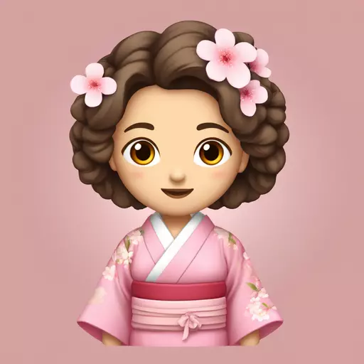 uma mulher adulta japonesa branca, com o cabelo liso, com os olhos castanho e cabelo castanho claro com o kimono rosa claro e flores de sakura no kimono, com uma maquiagem leve e o cabelo preso emoji