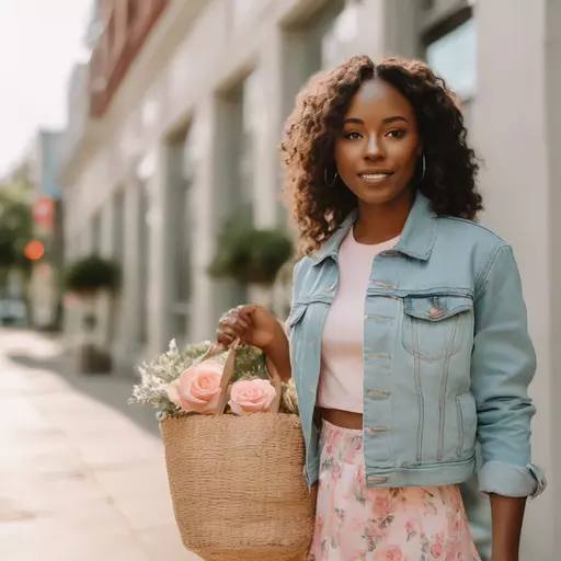 A young woman with wavy brunette hair posing outdoors on a sunlit sidewalk, wearing a light blue cropped denim jacket over a white fitted crew-neck tee, a flowy blush pink floral midi skirt with rose and sage botanical print, white low-top sneakers, and carrying a round woven straw tote bag. Soft natural lighting, pastel aesthetic, shallow depth of field background with blurred light blue door and bare trees. Fashion editorial style, Pinterest aesthetic, spring vibes. emoji