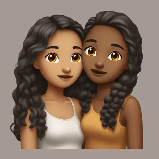 2 girls who love each other affectionately, they kiss each other, one is mixed race (Cameroonian and French origin), with almost black hair and eyes. The other is French, with fair skin, chestnut hair, and brown eyes. emoji