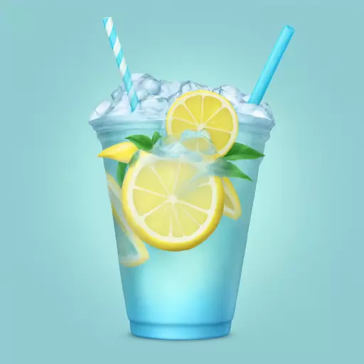 Lemonade in an ice cup, baby blue straw, lemon slice decoration emoji