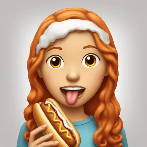 A red head girl eating a hot dog covered with frosting with it in her mouth and frosting all around the outside of her mouth emoji