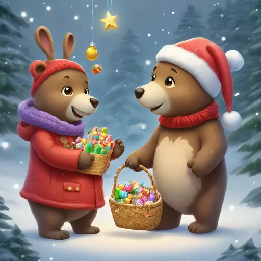 A whimsical, snowy forest scene depicts a friendly kind brown bear wearing a red winter hat, offering a bag of colorful candies to two adorable joyful baby hares. Behind them, a majestic fir tree is adorned with twinkling lights and festive ornaments, topped with a shining star. The atmosphere is magical and heartwarming, with soft, falling snow and a gentle, ethereal light illuminating the winter wonderland. The style is 3d oil painting figurine, reminiscent of a classic storybook illustration, with rich textures and a soft, painterly quality. emoji