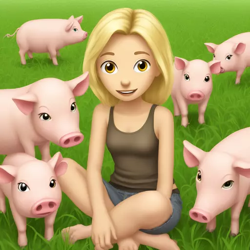 (blond very dirty), (full bare 14 y.o. teen-girl), with disheveled hair, (sitting on a pig in a field with pigs. emoji