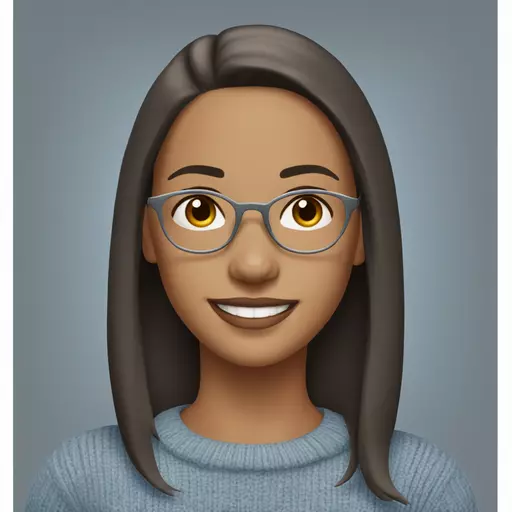 A smiling woman with white skin, dark brown shoulder-length straight hair, middle-parted hair, brown glasses, brown eyes, silver hoop earrings, and a small blue-grey sweater that reaches until her chest. emoji