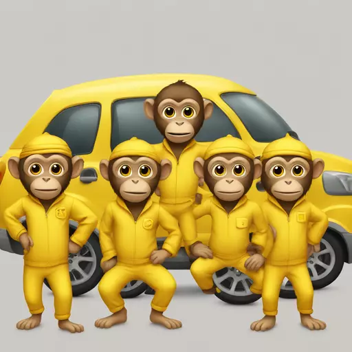 6 monkeys wearing yellow clothes in front of 3 yellow car emoji