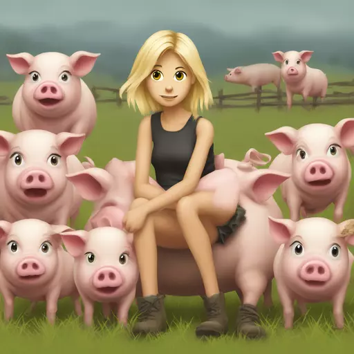 (blond very dirty), (full half-bare 14 y.o. teen-girl), with disheveled hair, (sitting on a pig in a field with pigs. emoji