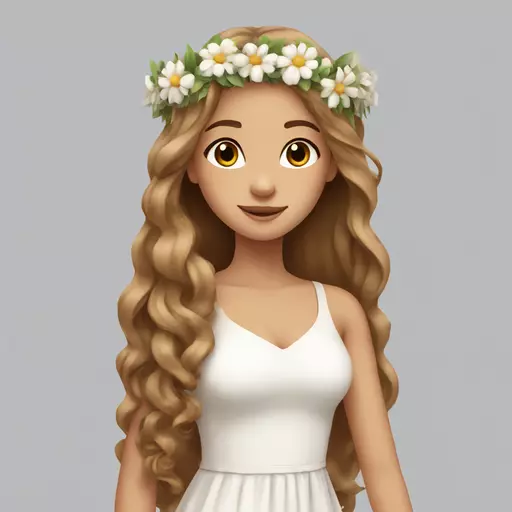 a beautiful girl with long light brown hair wearing a flower crown and a white dress emoji