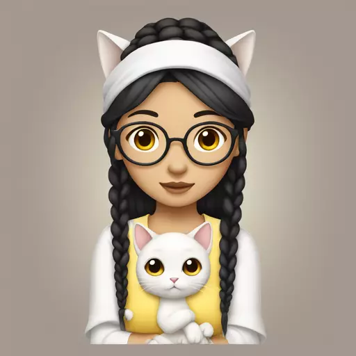 A asian girl with long black hair tied in braids, wearing a white princess-sleeved top, glasses, and holding a yellow white cat emoji