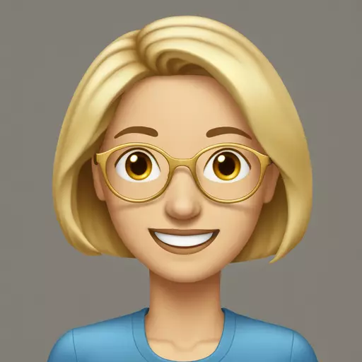 Middle aged woman, blue eyes, light brown hair with blond streaks, in a bob, no fringe,  golden thin spectacles, smiling,  emoji
