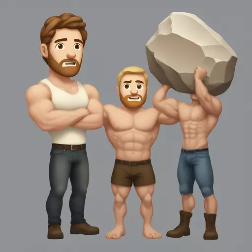A muscular white man with brown hair and pale skin holding a big rock over his head and looking at a skinnier white guy next to him, as though he is about to hit him with it. emoji