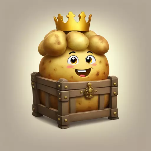 wonderful perfect potatoes in a chest with 1 especially huge potato wearing a crown and looking happy in the middle emoji
