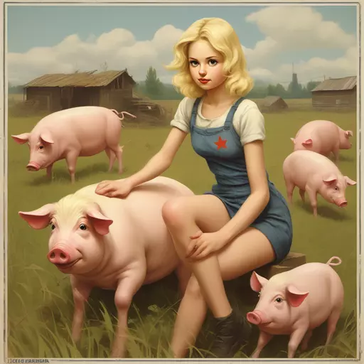 blond very dirty, full bare girl 14 y.o., with disheveled hair, sitting on a pig in a field with pigs, by Igor Grabar, by Sergei Sviatchenko, by Alexander Deyneka, soviet propaganda style, in a soviet propaganda style, in style of stanislav vovchuk, by Alexander Litovchenko, by Aleksander Kotsis, by Serge Sudeikin, by Alexander Kucharsky. Any text and symbols are missing. FRONT view emoji