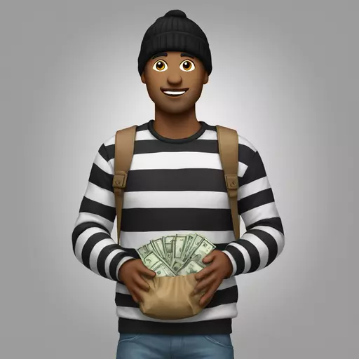 Man with black beanie with black and white striped shirt holding a money bag on his shoulders. emoji
