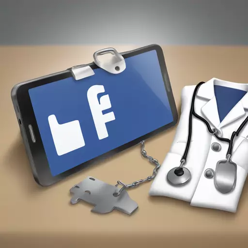 A picture of a phone on a table with the Facebook app open with a post, next to it a lab coat and metal tag name separated from each other. emoji