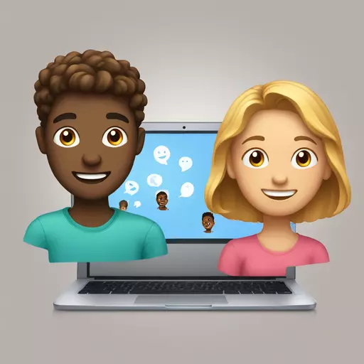 boy and girl on a video call, laptops with faces on screen, happy conversation emoji