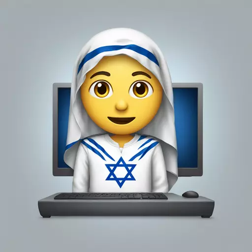 Someone dressed in Israeli clothes in front of a computer emoji