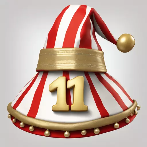 A single traditional German carnival jester cap (“Elferrat” style), exaggerated multi-pointed jester hat with three long curved tips, red and white striped fabric, gold trim along the edges, small shiny golden bells attached to each tip, detailed embroidery with the number 11 on the front panel, festive German carnival design, isolated on transparent background, centered composition, bright vibrant colors, clean smooth vector style, emoji-style illustration, high resolution, no text, no people. emoji