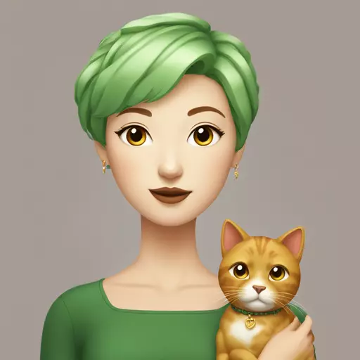 A red-haired Chinese beauty with a short haircut, dressed in a chic French-style outfit, posing with her chubby green-eyed golden cat emoji