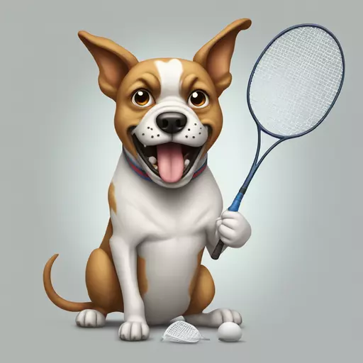 Very angry dog ​​holding a badminton racket wanting to eat a mouse. emoji