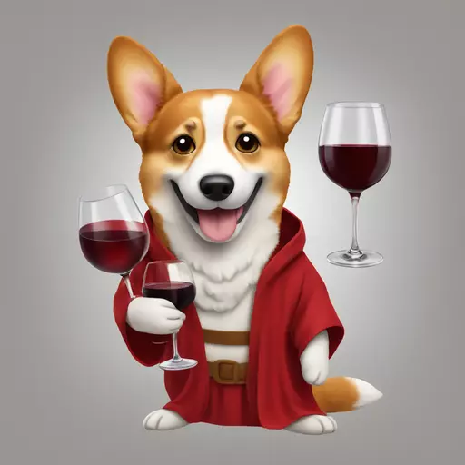 Corgi drinking a glass of red wine wearting a red robe emoji