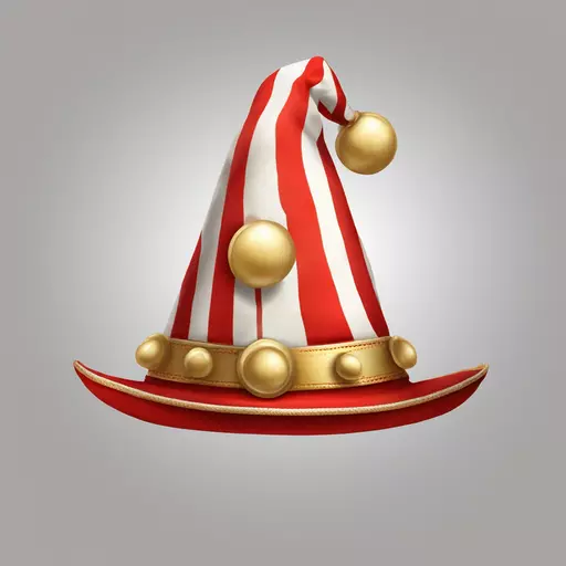 A single traditional German carnival “Elferrat” hat, red and white striped fabric, pointed jester-style cap with gold trim and small golden bells on the tips, detailed embroidery with the number 11 on the front, festive carnival design, isolated on transparent background, centered, bright colors, clean vector style, emoji design, high resolution, no text, no people emoji